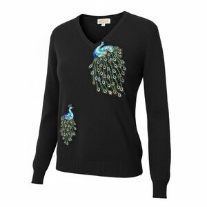 Vintage 80s Embroidered Peacock Knit Sweater Pullover Women's Sm Black Acrylic